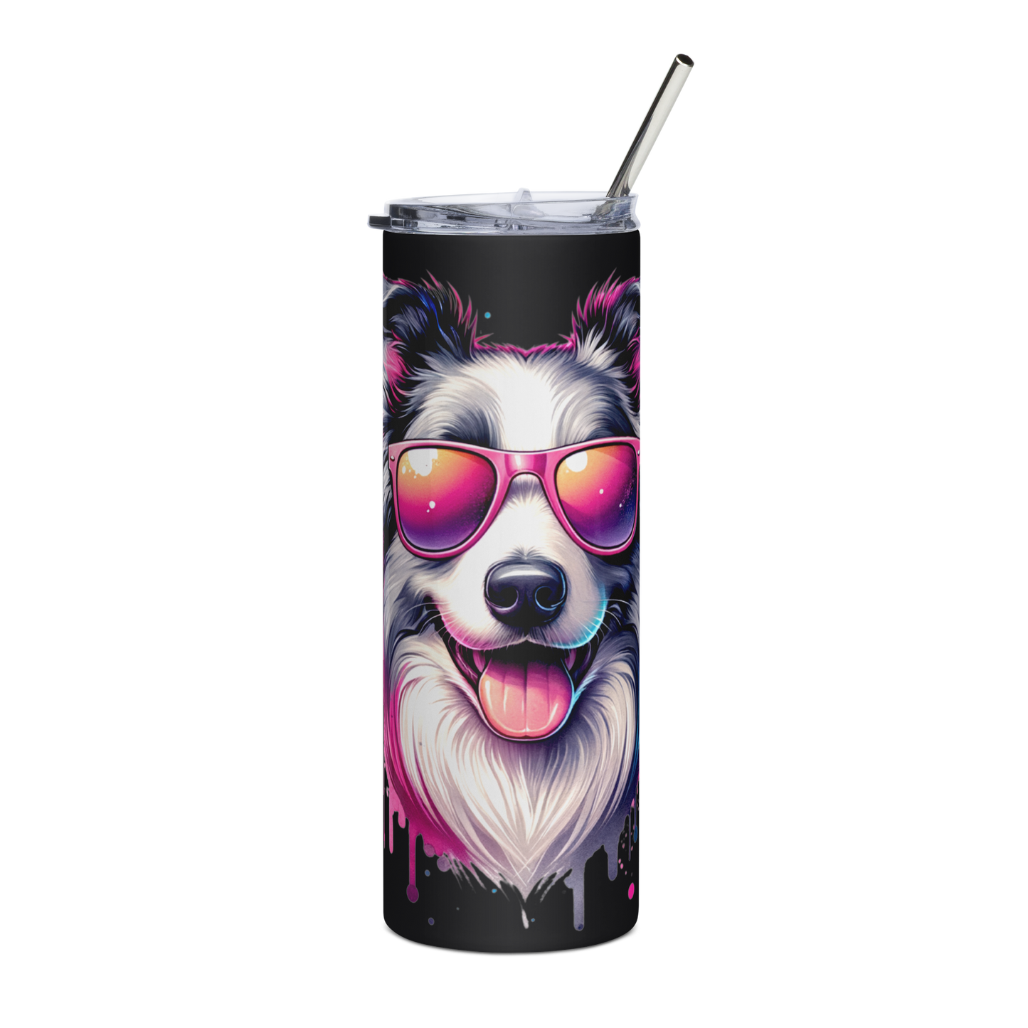 Fun Colorful Border Collie wearing Sunglasses - Stainless steel tumbler
