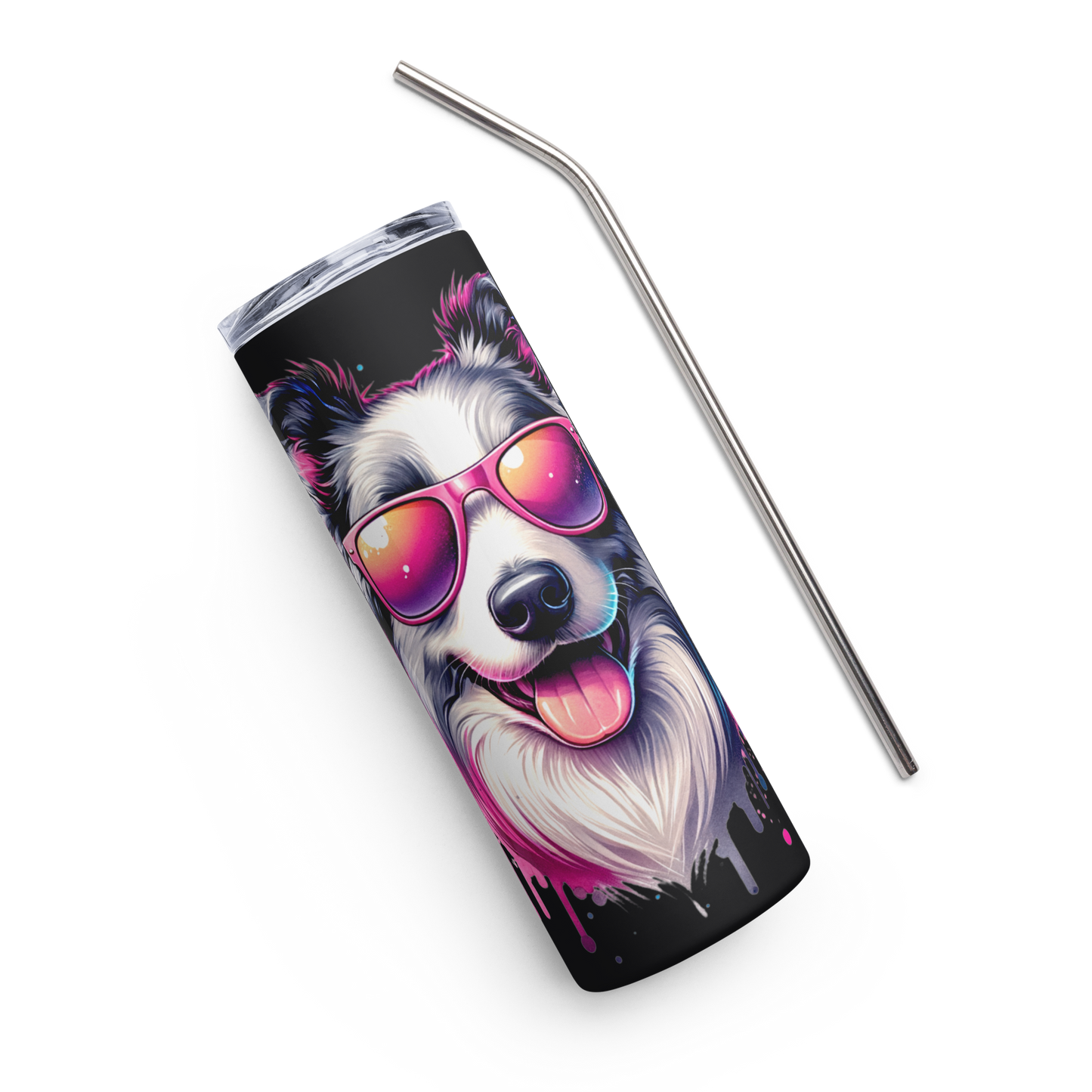 Fun Colorful Border Collie wearing Sunglasses - Stainless steel tumbler