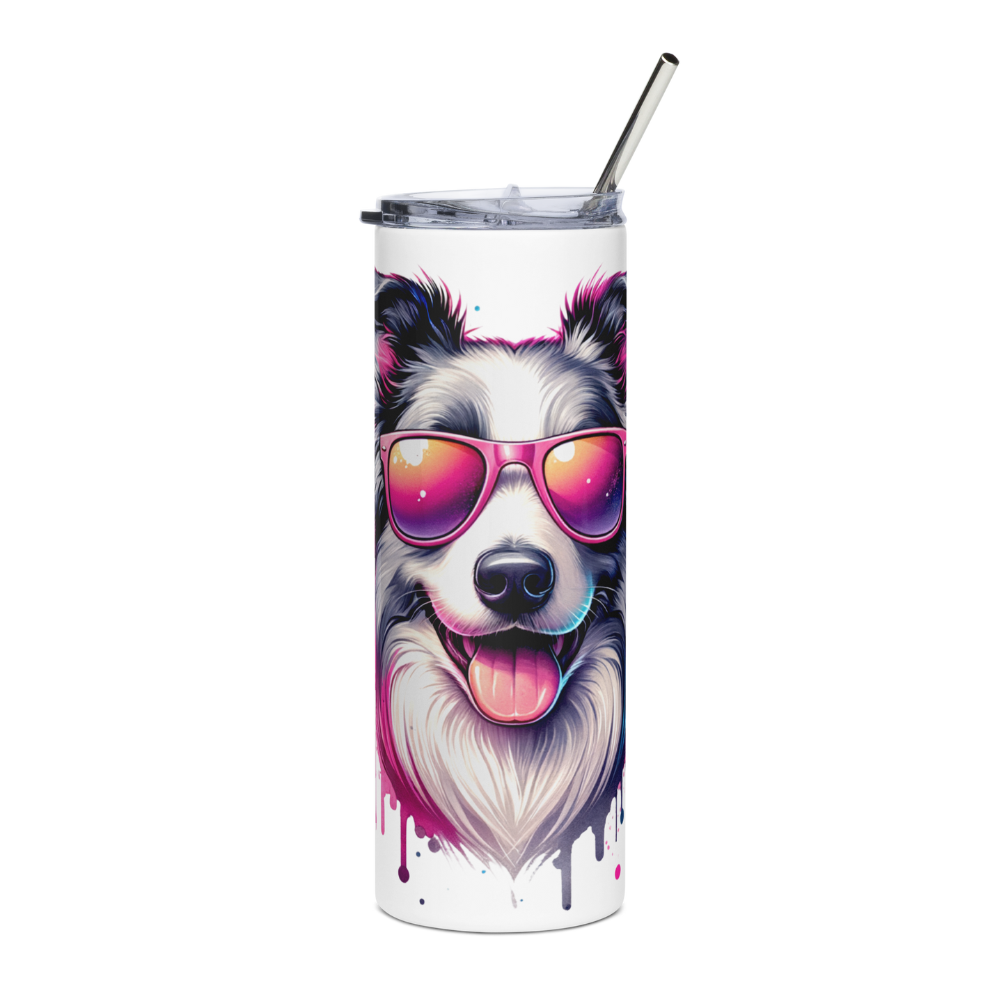 Fun Colorful Border Collie wearing Sunglasses - Stainless steel tumbler