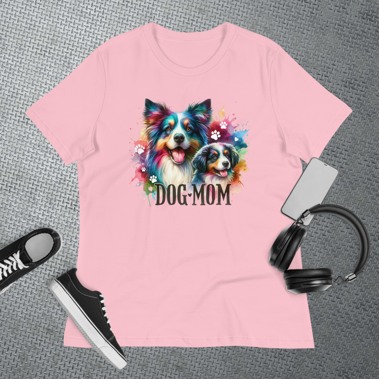 Dog Mom with Colorful Border Collie and Puppy - Women's Relaxed T-Shirt